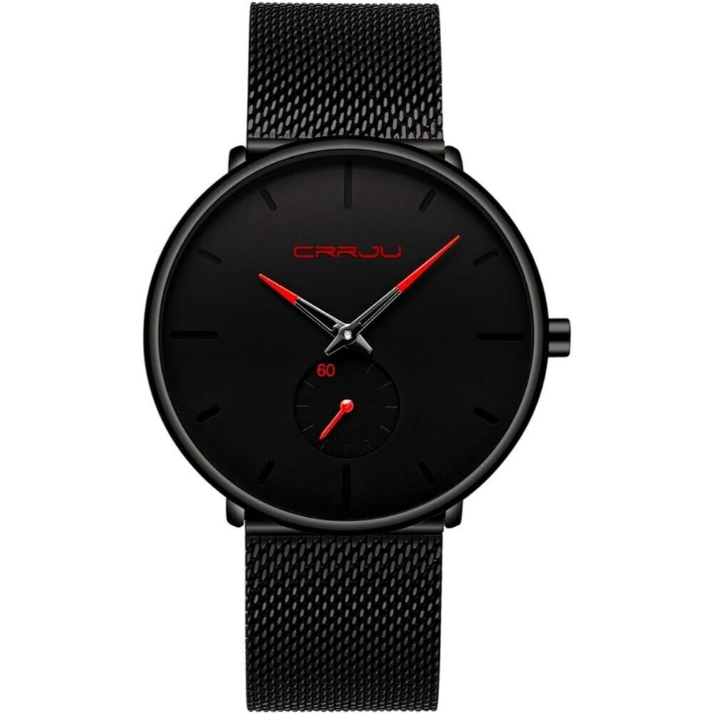 Men's Red Ultra-Thin Minimal Waterproof Stainless Steel Mesh Band Buckle Watch